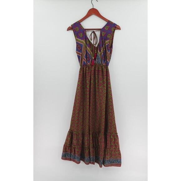 Lovin India Boho Dress XS Purple Paisley Tiered Plunged Hi-Low Midi Festival - Picture 5 of 15
